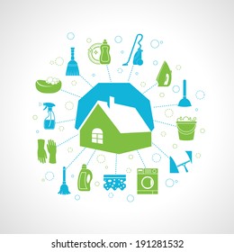 Cleaning Washing Concept With House And Housework Icons Set Vector Illustration