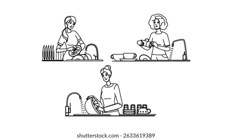 cleaning washing dishes mother vector. kitchen soap, water routine, family hygiene cleaning washing dishes mother character. people black line pencil drawing illustration