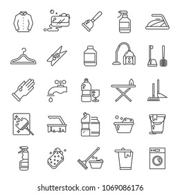 Cleaning and washing house, laundry outline vector icons. Antiseptic service line symbols. Illustration of wash cleaner and brush, vacuum and broom