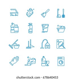 Cleaning and washing house outline vector icons. Antiseptic service line symbols. Equipment for cleanup linear style illustration