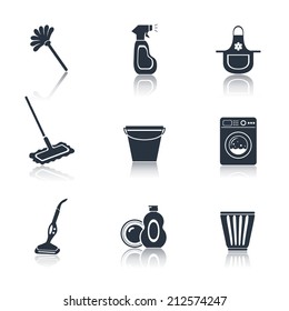 Cleaning washing housework black icons set of mop vacuum cleaner bucket isolated vector illustration