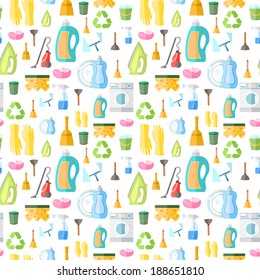 Cleaning washing housework dishes broom bottle sponge icons seamless pattern vector illustration