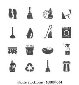 Cleaning washing housework icons set of mop vacuum cleaner bucket sponge isolated vector illustration