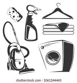 Cleaning, washing, housework objects isolated on white background. Vector illustration