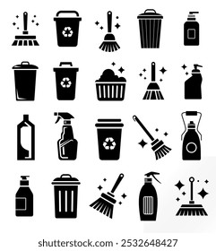 Vector de EPS Icono de higiene, limpieza, reciclaje, escoba, tareas del hogar, jabón, basura, fregona, ordenado, brillante, uso conceptual.