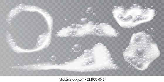 Cleaning and washing, isolated bubbly water with soap or detergent. Vector foam with bubbles, hygiene and cleanliness. Shaving product or shower gel, shampoo on transparent background, cartoon icons