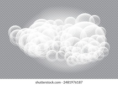 Cleaning and washing, isolated bubbly water with soap or detergent. Vector foam with bubbles, hygiene and cleanliness. Shaving product or shower gel, shampoo on transparent background, cartoon icon