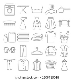 Reinigung, Waschen, Wäschesymbol-Set, Zeilenkarte, Vektorgrafik