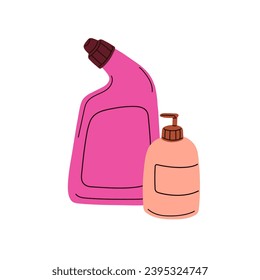 Limpieza, lavado de líquidos en botellas, envases de plástico. Productos de limpieza química, limpiadores y detergentes en envases. Gel de lavado y suavizador, jabón. Ilustración vectorial plana aislada en fondo blanco