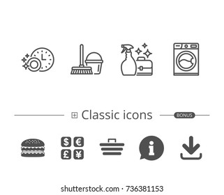 Cleaning, Washing machine and Housekeeping service line icons. Laundry, Mop and Maid equipment signs. Bucket and Dishwasher timer symbols. Information speech bubble sign. And more signs. Vector