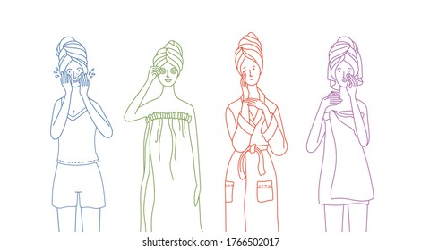Cleaning, washing, moisturizing, applying cream and beauty mask. Vector contour characters. Beautiful young women in towel, pajama, underwear, and bathrobe taking care of skin. Duotone illustration