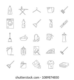 Cleaning and washing objects, laundry outline vector icons. Antiseptic service outline symbols. Illustration of wash cleaner and brush, vacuum and broom