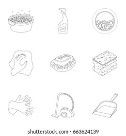 Cleaning, washing set of icons for cleaning in an outline style vector symbol illustration.