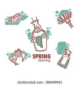 cleaning, washing, sweeping and chamberwork, vector linear emblem, logo and symbols collection

