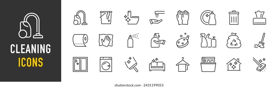 Cleaning web icons in line style. Dusting, cleaning, vacuuming, washing, changing, organizing. Vector illustration.