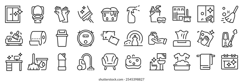Cleaning web icons in line style. Dusting, cleaning, vacuuming, washing, changing, organizing. Vector illustration. Editable stroke.