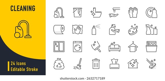 Cleaning web icons in line style. Dusting, cleaning, vacuuming, washing, changing, organizing. Vector illustration.