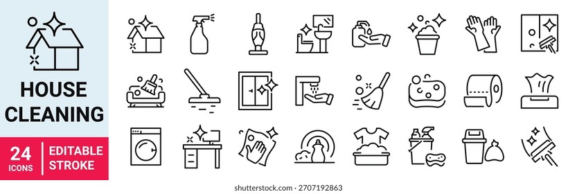 Limpieza de iconos web en estilo de línea. Desempolvar, limpiar, aspirar, lavar, cambiar, organizar. Ilustración vectorial. Trazo editable.