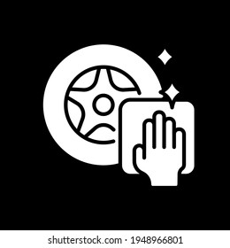 cleaning wheels and discs white glyph icon. Car wash. Thin line customizable illustration. Contour symbol. Vector isolated outline drawing.