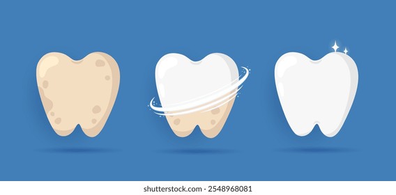 Concepto de limpieza y blanqueamiento dental. Diente blanco de dibujos animados y diente con placa amarilla antes y después de la limpieza. Proceso de blanqueamiento y reparación dental. Diseño de cuidado dental e higiene bucal