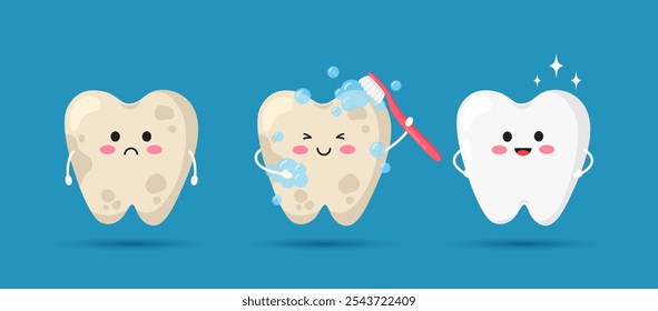 Concepto de limpieza y blanqueamiento dental. Caracteres lindos del diente blanco y del diente con la placa amarilla antes y después de la limpieza. Comparación de dientes sucios y limpios. Diseño de cuidado dental e higiene bucal.