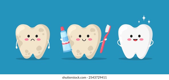 Zahnreinigungs- und Zahnweißungskonzept. Niedliche Figuren aus weißem Zahn, Zahn mit gelber Plaque mit Zahnbürste und Zahnpasta vor und nach der Reinigung. Zahnpflege und Mundhygiene, Vektordesign.