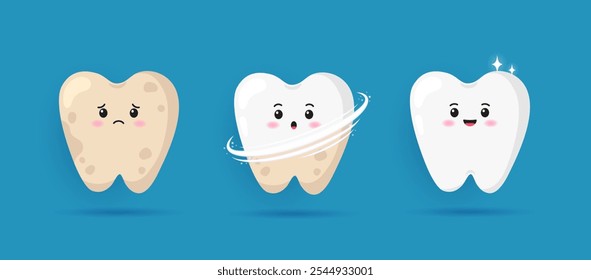 Cleaning and whitening teeth concept. Cute characters of white tooth and tooth with yellow plaque before and after cleaning. Process of tooth whitening and repair. Dental care and oral hygiene design