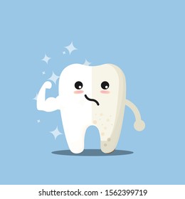 Cleaning and whitening teeth concept vector illustration. Happy Tooth and Yellow Moody Tooth Cartoon characters in flat design. Tooth before and after whitening infographic elements.
