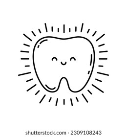 Ilustración vectorial del concepto de limpieza y blanqueamiento de dientes. Carácter de doodle Happy Tooth de color blanco-nieve en diseño lineal. Diente después de blanquear elementos infográficos.