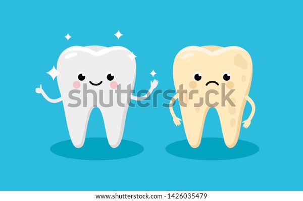 Cleaning and whitening teeth concept vector\
illustration. Snow-white Happy Tooth and Yellow Moody Tooth Cartoon\
characters in flat design. Tooth before and after whitening\
infographic elements.