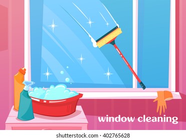 cleaning window with squeegee and washing supplies