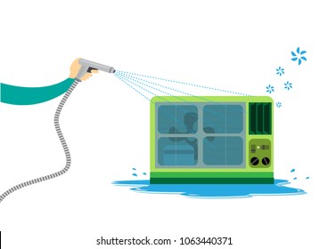 Cleaning the Window type Air Conditioning system using water. Editable Clip Art. 