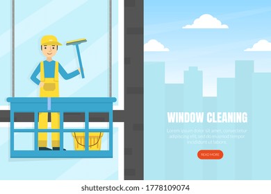 Plantilla de página de limpieza de Windows Landing, Trabajador profesional en limpieza uniforme y ventanas de fachada de revestimiento de edificios, página de inicio de la empresa de servicios de limpieza, Ilustración de vectores planos de sitios web