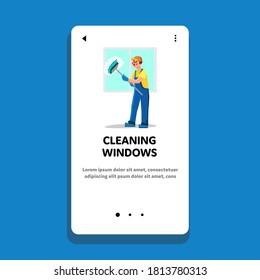 Reinigung von Windows Man Professional Service Vector. Mitarbeiter mit Brush-Reinigungs-Windows. Mitarbeiter mit Ausrüstung Waschglas Gehäuse. Illustration zum Abwaschen von Zeichen und Reinigen von Web-Flachbildschirmen