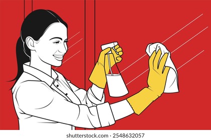 Cleaning Windows with a Towel and Glass Cleaning Spray - Minimalist Vector Illustration