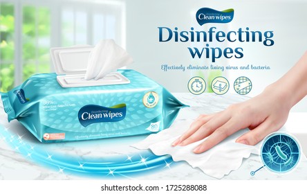 Cleaning wipes ad template, female hand using wet wipe to clean the marble table, 3d illustration
