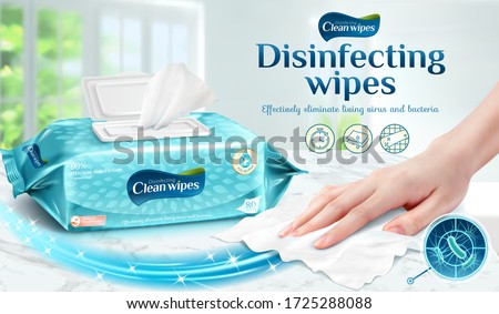 Cleaning wipes ad template, female hand using wet wipe to clean the marble table, 3d illustration