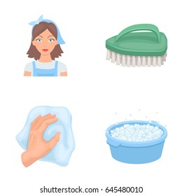 A cleaning woman, a housewife in an apron, a green brush, a hand with a rag, a blue wash hand basin with foam. Cleaning set collection icons in cartoon style vector symbol stock illustration web.