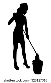 Cleaning Woman with Mop and Bucket