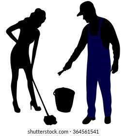 Cleaning Woman with Mop and Bucket and handyman