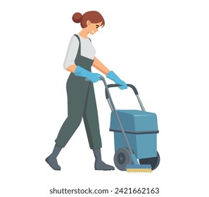 Cleaning Woman Pushing Floor Cleaning Machine, Professional Worker Character Dressed in Blue Overalls and Rubber Gloves, Cleaning Company Staff Vector Illustration