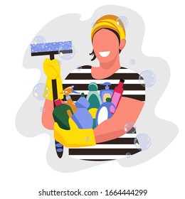 cleaning woman. a set of detergents. vector image of a man with a cleaning brush