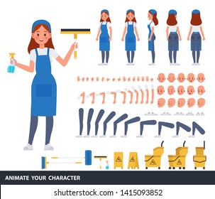 Reinigung der weiblichen Mitarbeiter Charakter Vektordesign. Erstellen Sie Ihre eigene Pose.