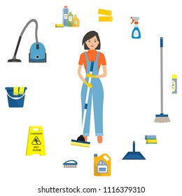 Cleaning woman surrounded by objects for cleaning. There is a vacuum cleaner, a mop, a brush, a scoop, a sign "Caution, wet floor", sponges, detergents, gloves and other things in the picture. Vector