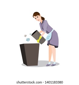 Cleaning woman take garbage bin to clean plastic box