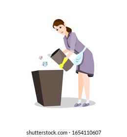 Cleaning woman take garbage bin to clean plastic box