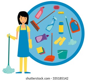 Cleaning woman in uniform and tools for cleaning. Vector illustration