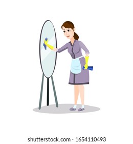 Cleaning woman in violet clothes clean home mirror