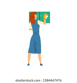 Cleaning Woman Wiping Dust from Locker, Maid Character Wearing Uniform with Blue Dress and White Apron, Cleaning Service Vector Illustration