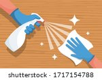 Cleaning wooden surface home or office. Spraying antibacterial sanitizing spray. Pollution prevention. Spray detergent. Napkin in hands. Protective rubber gloves. Hygiene home. Vector flat design. 